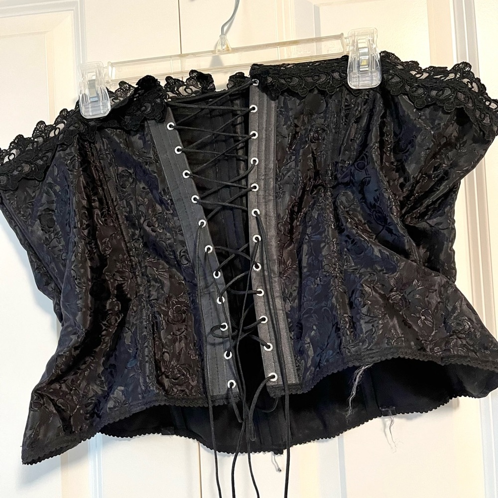 Vintage Grenier floral embossed black lace up corset